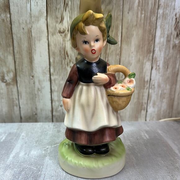 Adorable Vintage Hand Painted Girl  flower Basket Hummel Inspired Lamp Japan MCM - Picture 2 of 7